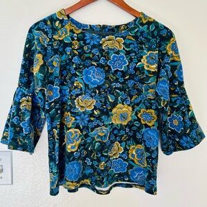 Ann Taylor Blue Yellow Black Floral Small Petite Thick Fabric Bell sleeves